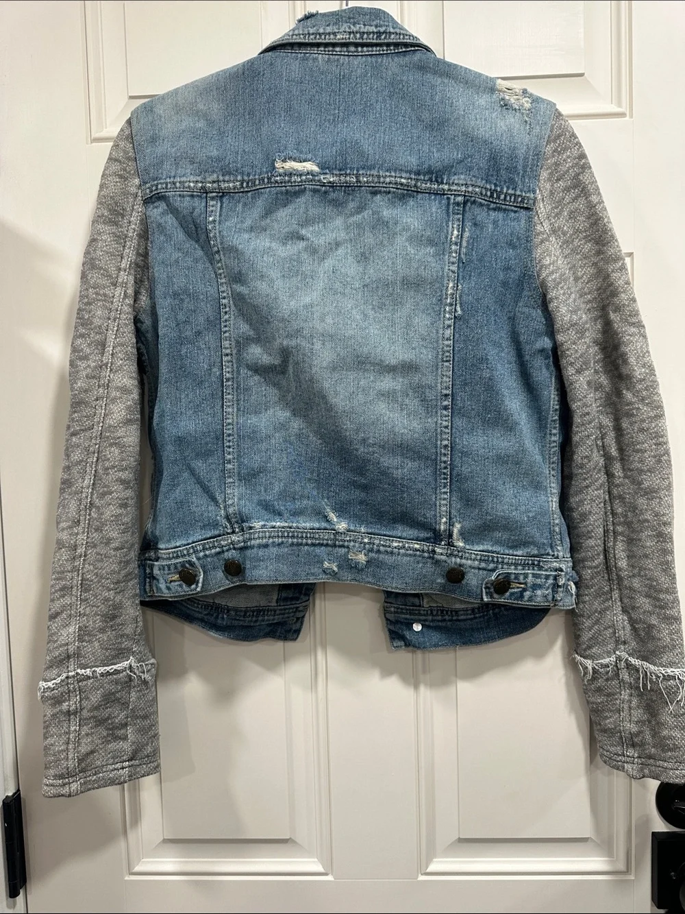Free People Blue Denim Jacket with Gray Knit Sleeves - Picture 3 of 6